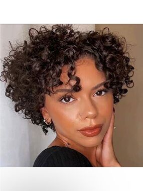 Short Curly Synthetic Wig in Dark Brown - Women Hair